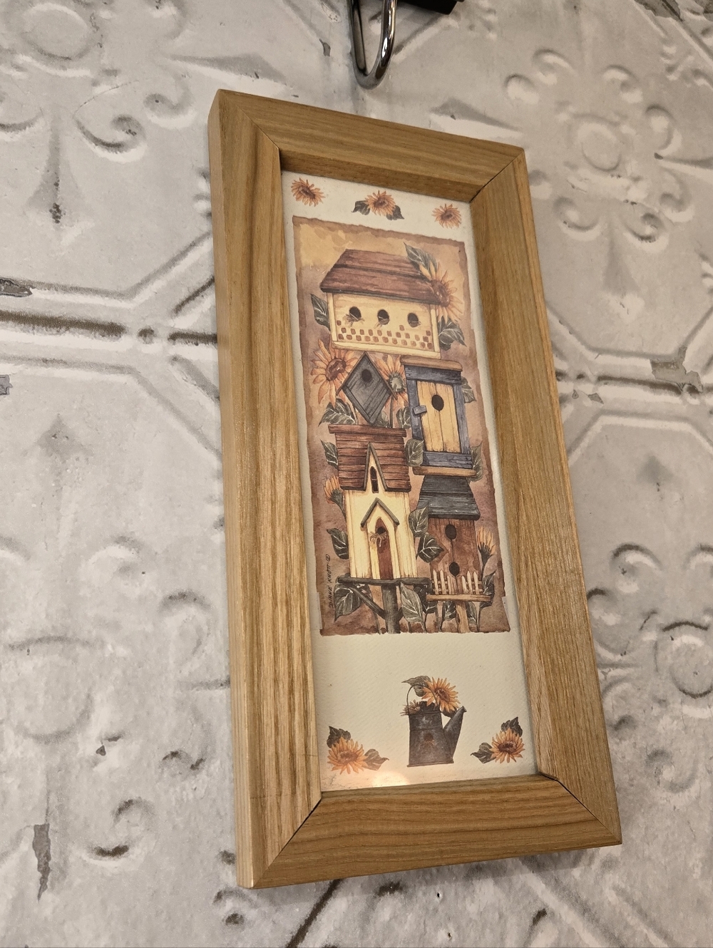 Wood-Framed Birdhouse Artwork - Sunflower Motif Cottage Core Farmhouse Style